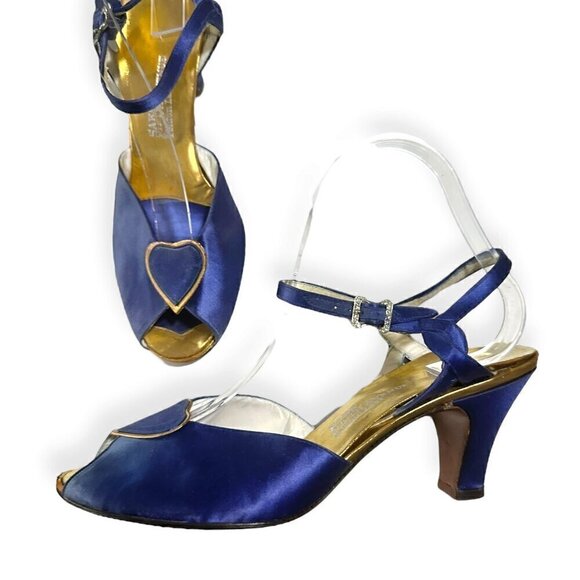 Vintage Saks Fifth Avenue Blue Satin Ankle Strap Pumps‎ Art Deco 40s